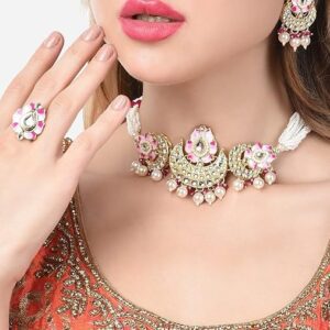 Poojavi Pink Meenakari Lotus Design Crescent Kundan & Beads Choker Necklace Earring & Ring Set For Women