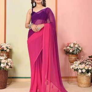 Poojavi  Soft Georgette Printed Ready to Wear Solid Saree and Unstitched Blouse Piece | Readymade Saree | Sari for Women