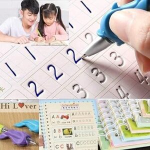 Sank Magic Practice Copybook, (4 BOOK +1 PEN + 10 REFILL) Number Tracing Book for Preschoolers with Pen, Magic calligraphy books for kids Reusable Writing Tool