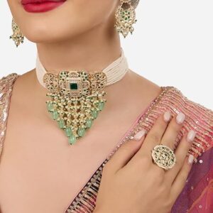 Poojavi Green Stones Beads Multistrand Cascading Choker Necklace Earring & Ring Set For Women