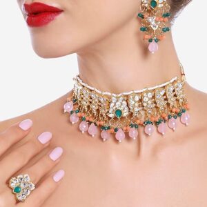 Poojavi Gold Tone Austrian Diamonds Artificial Stones & Beads Bridal Choker Necklace Earring & Maangtikka Set For Women