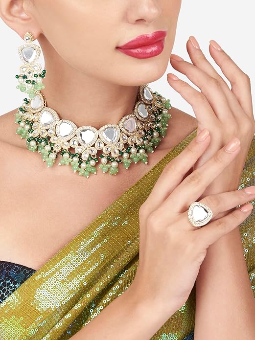 Poojavi Green Cluster Beads Drop Kundan Choker Necklace Earring & Ring Set For Women