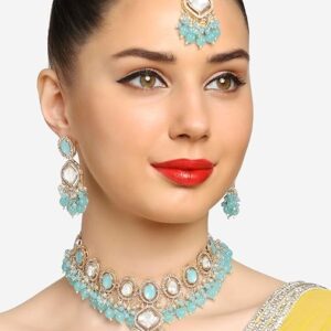 Poojavi Turquoise Blue Austrian Diamonds Artificial Stones & Beads Bridal Necklace Earring & Maangtikka Set For Women