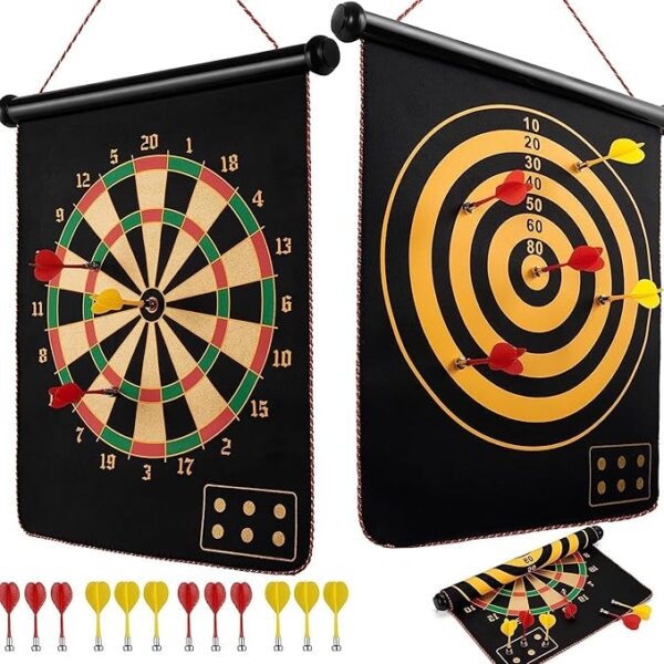 Magnetic Dart Board Game for Kids & Adults - 6 Pc Darts & Mat | Double Faced, Indoor/Outdoor, Portable, Safe, Non-Toxic, Black, EVA
