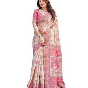 Poojavi Handloom Cotton Floral Printed Saree with Tassels on Edges & Attached Blouse Piece | 5.5 Meter Saree + 0.8 Meter Blouse