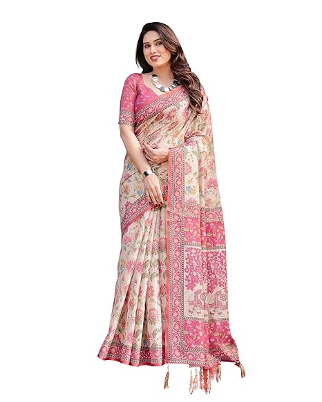 Poojavi Handloom Cotton Floral Printed Saree with Tassels on Edges & Attached Blouse Piece | 5.5 Meter Saree + 0.8 Meter Blouse