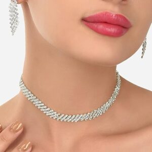 Poojavi Silver Tone Dazzling Austrian Diamonds Necklace & Earring Set For Women