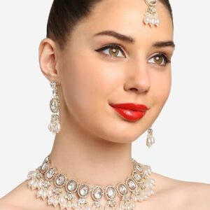 Poojavi Pink Kundan Artificial Stones & Beads Necklace Earring & Maangtikka Set For Women