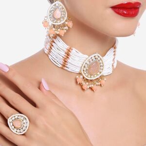Poojavi Orange Multistrand Kundan Stones & Beads Choker Necklace Earring & Ring Set For Women