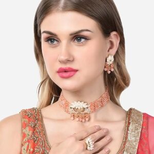 Poojavi Orange & Peach Meenakari Lotus Multistrand Crystal Beaded Choker Necklace Earring & Ring Set For Women