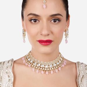 Poojavi Gold Tone Dazzling Stones Beads Choker Necklace Earring Maangtikka Set For Women