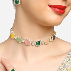 Poojavi Multi For Women-Colour Kundan & Austrian Diamond Choker Necklace Earring & Ring Set For Women