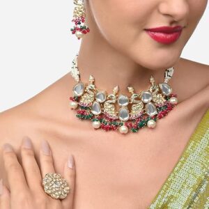 Poojavi Rani Pink & Green Cluster Beads Kundan Peacock Inspired Necklace Earring & Ring Set For Women