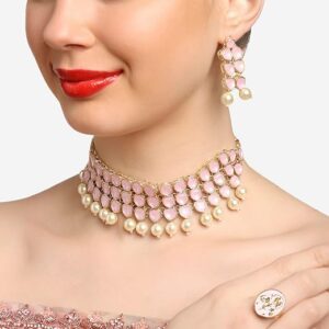 Poojavi Pink Enamel Artificial Stones Pearl Drops Necklace Earring & Ring Set For Women