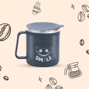 Poojavi Happy Mug Comes with Double Wall Inner Stainless Still & Lid Stylish Cup Ideal for Hot Coffee, Tea - Grey - Plastic, 300 Ml