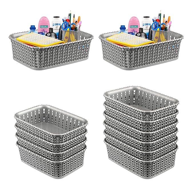 Pack of 12 Small Multi-Purpose Plastic Basket for Storage M15 | Spacious Stationary & Jewellery Holder | Home Organizers for Kitchen, Bedroom & Dining Table | Light Grey