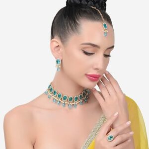 Poojavi Turquoise Stones Beads Kundan Necklace Earring Maangtikka & Ring Set For Women