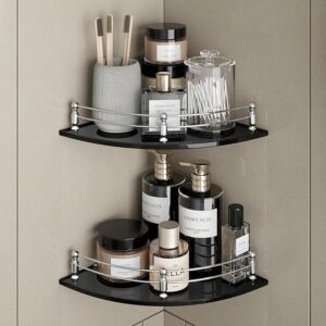 Premium Series Wall Mounted 8mm Glass Corner Shelf | Weight Bearing Upto 10 Kg | Bathroom Shelves Accessories Racks & Stand (9x9 Inches | Black | Round | Pack of 2)