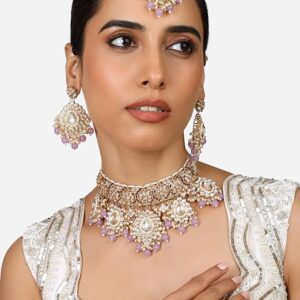 Poojavi Purple Beads Drop Dazzling Kundan Bridal Choker Necklace Earring Maangtikka Set For Women
