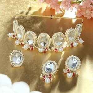 Poojavi Gold Tone Artificial Stones & Beads Necklace Earring & Ring Set For Women