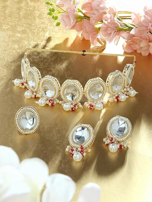 Poojavi Gold Tone Artificial Stones & Beads Necklace Earring & Ring Set For Women