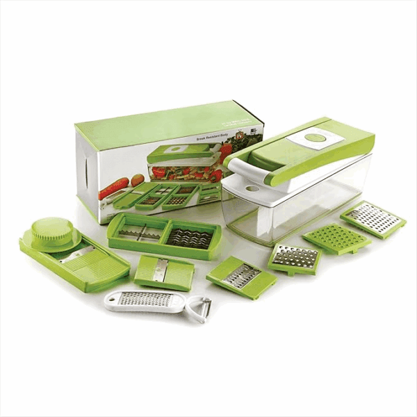 14 in 1 Multipurpose Chopper, Fruits & Vegetable Cutters, Grater Peeler Chipser, Unbreakable Food Grade Body, Easy Push to Clean Button Slicer Dicer, Chopper for Kitchen (Green, Plastic)