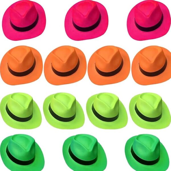 Plastic Neon Colour Bright Hat for Kids Birthday Party & Return Gifts, Bachelorette Theme, Craft Tiaras, Christmas, Gangster Fedora, Perfect for Traveling & Suitable to All (Set of 5pcs)