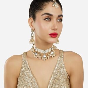 Poojavi Green Meenakari Multistrand Beaded Pearls Choker Necklace Earring & Maangtikka Set For Women