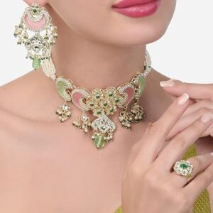 Poojavi Pink Green Stones Beads Multistrand Kundan Choker Necklace Earring & Ring Set For Women
