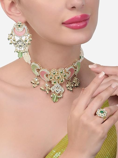 Poojavi Pink Green Stones Beads Multistrand Kundan Choker Necklace Earring & Ring Set For Women