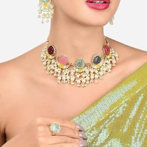 Poojavi Multicolor Stones & Cluster Beads Drop Crescent Choker Necklace Earring & Ring Set For Women