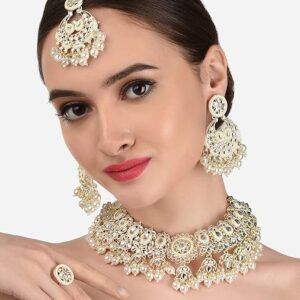 Poojavi Gold Tone Kundan & Pearls Bridal Necklace Earring Maangtikka & Ring Set For Women