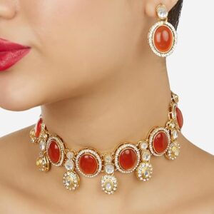 Poojavi Orange Stones Austrian Diamonds Embellished Choker Necklace & Earring Set For Women