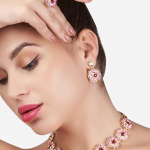 Poojavi Pink Meenakri Flowers Kundan Necklace Earring & Ring Set For Women