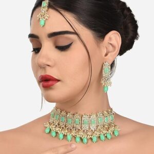 Poojavi Green Stones & Beads Ethnic Choker Necklace Earring Maangtikka & Ring Set For Women