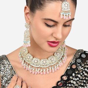 Poojavi  Turquoise Blue & Pink Beads Drop Kundan Choker Necklace Earring Maangtikka Ring Set For Women