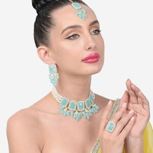 Poojavi Turquoise Stones Beads Multistrand Choker Necklace Earring Maangtikka & Ring Set For Women