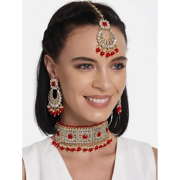 Rani Padmavati Dulhan Bridal Kundan Faux Pearl Choker Necklace with Earrings Maang Tikka for Women Girls Indian Traditional Jewellery set