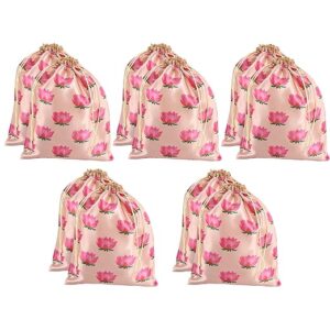 Poojavi Pack Of 10 Polyester Potli Bags|7X9 Inch|Return Gifts|Wedding-Party|Drawstring Closure|Wallet|Baby Shower|Lotus Print|Cream