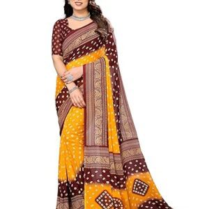 Women's Printed, Geometric Print Bandhani Georgette Saree with Matching Blouse Piece | Stylish & Beautiful Fancy Saree for Festivals, Wedding, Parties, Casual Outings (Yellow, Maroon)