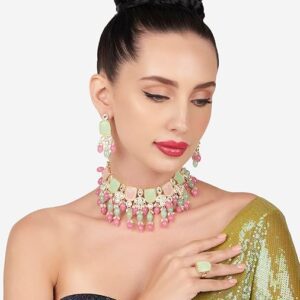 Poojavi Pink Green Stones Beads Kundan Choker Necklace Earring & Ring Set For Women