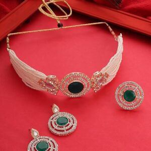 Poojavi Green Stones Dazzling Austrian Diamonds Multistrand Beaded Necklace Earring & Ring Set For Wome