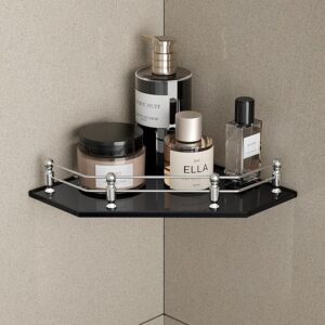 Premium Edition Wall Mounted 8mm Glass Corner Shelf | Bathroom Shelves Accessories Racks | Stand | Weight Bearing Upto 10 Kg (9x9 Inches | Black | Diamond | Pack of 1)