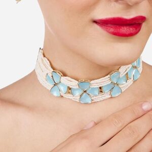 Poojavi Turquoise Blue Multistrand Beaded Artificial Stones Choker Necklace Earring & Ring Set For Women