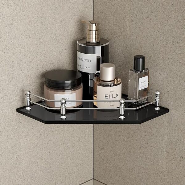 Premium Edition Wall Mounted 8mm Glass Corner Shelf | Bathroom Shelves Accessories Racks | Stand | Weight Bearing Upto 10 Kg (9x9 Inches | Black | Diamond | Pack of 1)