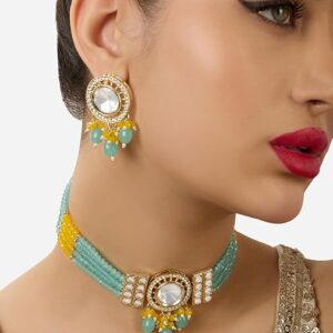 Poojavi Turquoise Blue & Yellow Multistrand Beaded Choker Necklace & Earring Set For Women