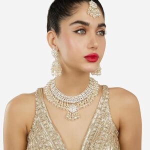 Poojavi Gold Tone Dazzling Kundan Cluster Beads Drop Necklace Earring Maangtikka Set For Women