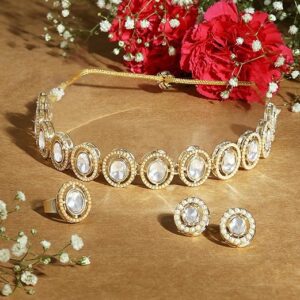 Poojavi Gold Tone Dazzling Stones & Pearls Embellished Necklace Earring & Ring Set For Women