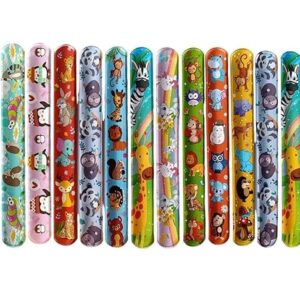 Poojavi 12 Pcs Jungle Animals Theme Slap Bracelets Bands as Birthay Return Gift- Assorted Animal Designs