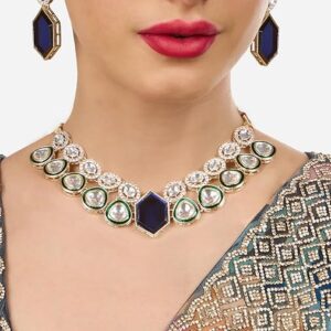 Poojavi Blue Stones Green Meenakari Dazzling Necklace & Earring Set For Women